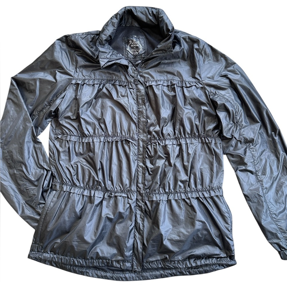 Prana Breathe Windbreaker Jacket Women XL Black Excellent Ruffle Ripstop Zip